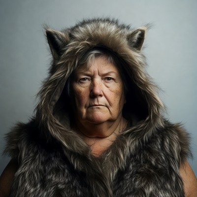 Elderly woman in wolf hood