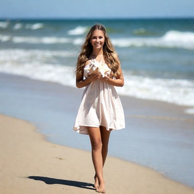 Young woman holding seashells on beach