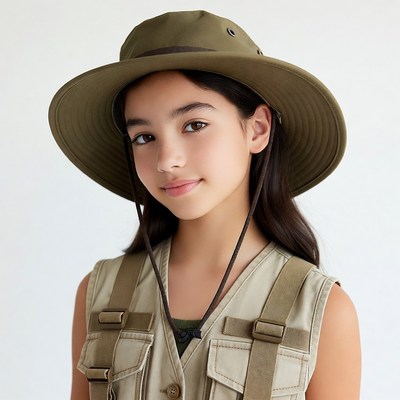 Asian girl wearing safari hat vest