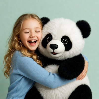 Girl hugging giant teddy panda