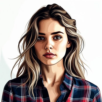 Woman with blonde hair in plaid shirt