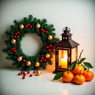 Christmas Wreath with Lantern and Oranges