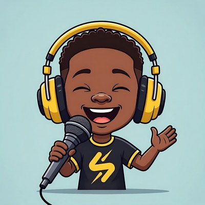 Cartoon African-American boy singing with headphones