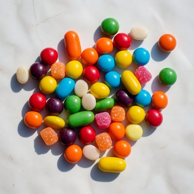 Colorful Candy Spill on White Surface