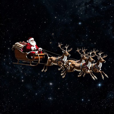 Santa Claus flying sleigh with reindeer