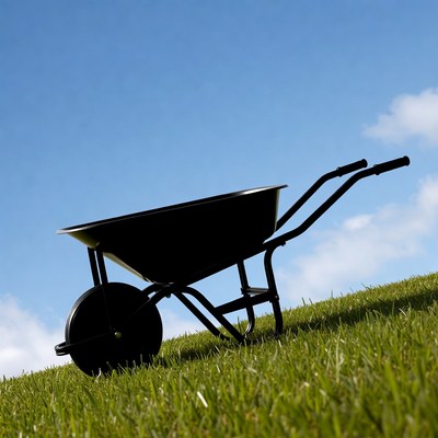Wheelbarrow on grassy hill