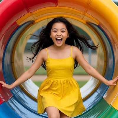 Asian girl running through rainbow tunnel