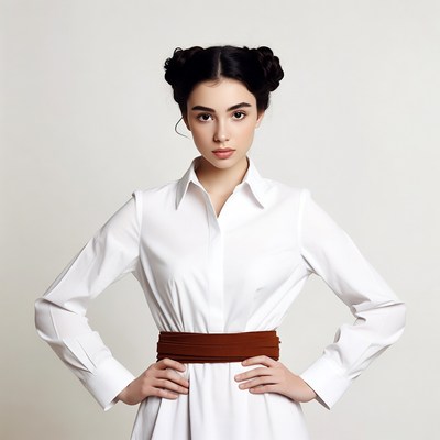Woman with buns hairstyle in white shirt