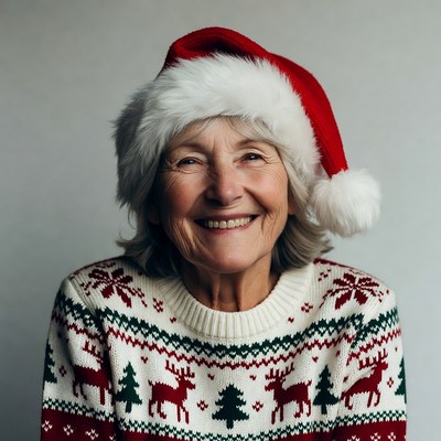 Elderly woman wearing Santa hat