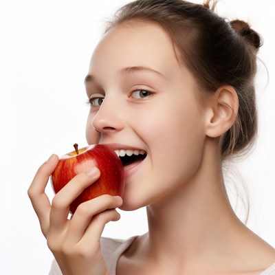Girl biting red apple