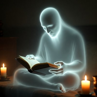 Ghostly man reading book by candles