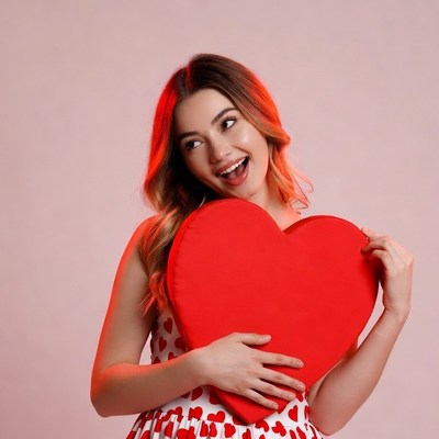 Woman hugging large red heart