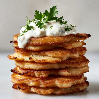 Stack of Potato Latkes with Sour Cream