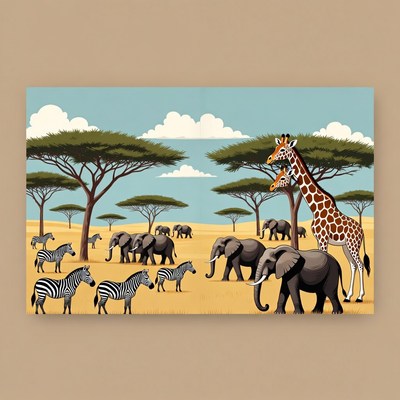 Savanna with Elephants Zebras Giraffes