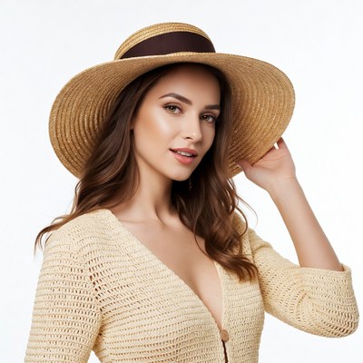 Woman wearing wide-brim straw hat