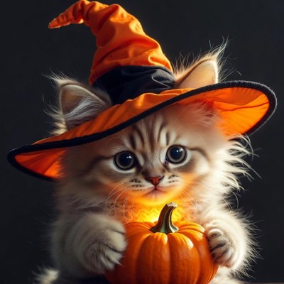 Cute kitten in witch hat holding pumpkin