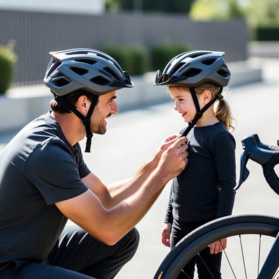 Father adjusting daughter's bike helmet