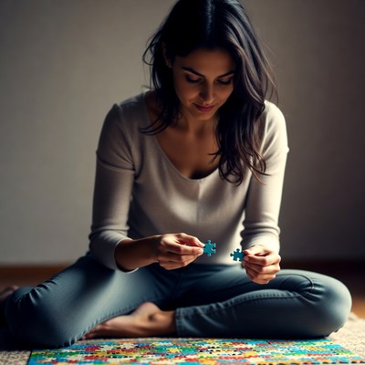 Woman assembling puzzle on floor