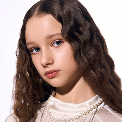 Girl with wavy brown hair and pearl necklace