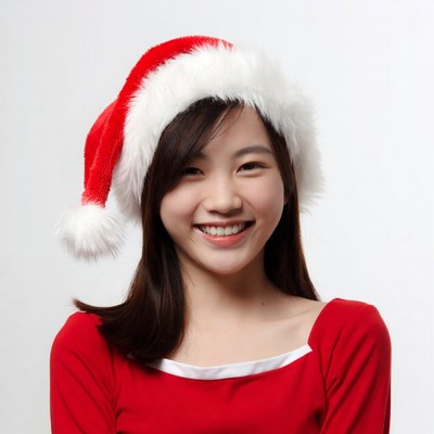 Asian girl in Santa hat smiling