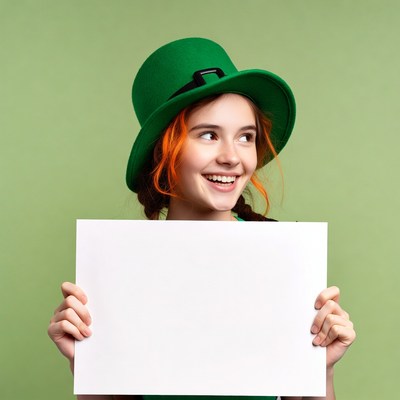 Girl holding blank sign in leprechaun hat