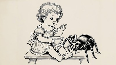 Girl eating with giant spider