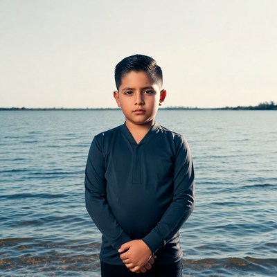Young Latino boy by lake