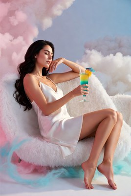 Woman holding turquoise cocktail on fluffy chair