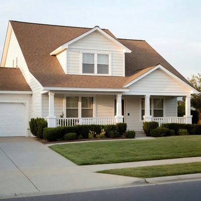 White suburban house with brown roof