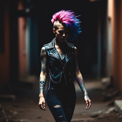 Punk woman with pink mohawk in alley