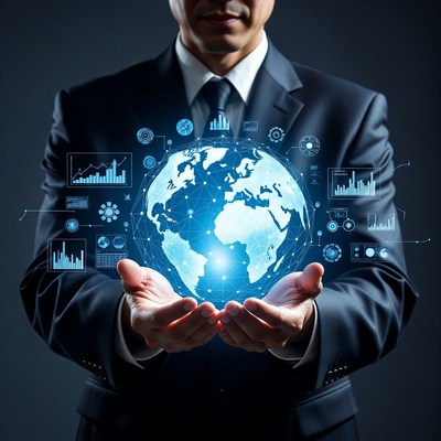 Asian businessman holding digital globe