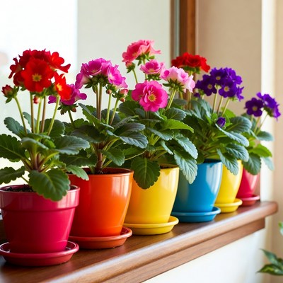 Colorful geraniums in pots on windowsill