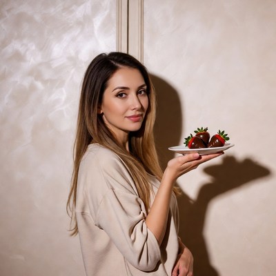 Woman holding chocolate-covered strawberries