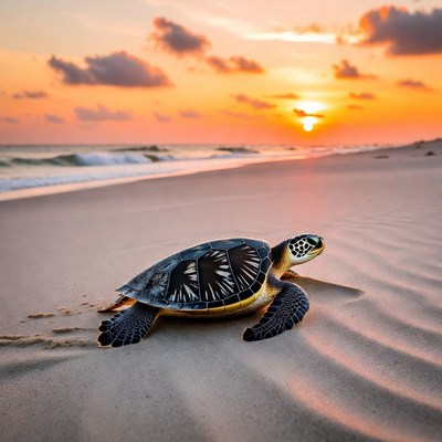Sea turtle on beach at sunset