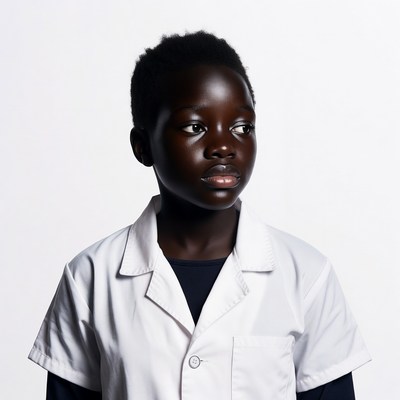 African boy in white lab coat