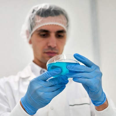 Man examining blue liquid in petri dish