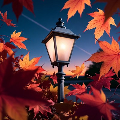 Vintage Street Lamp with Autumn Leaves