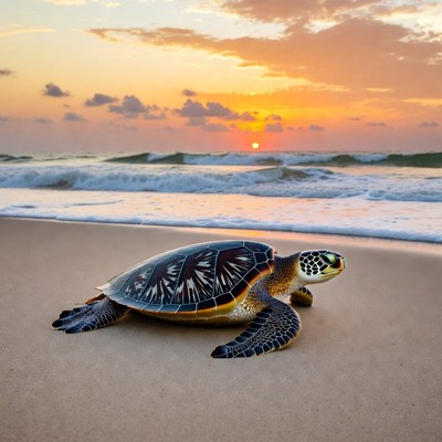 Sea turtle on beach at sunset