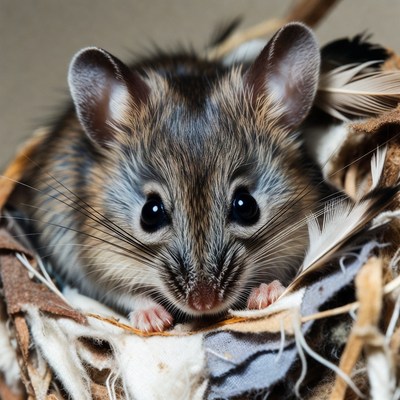 Cute mouse in feather nest