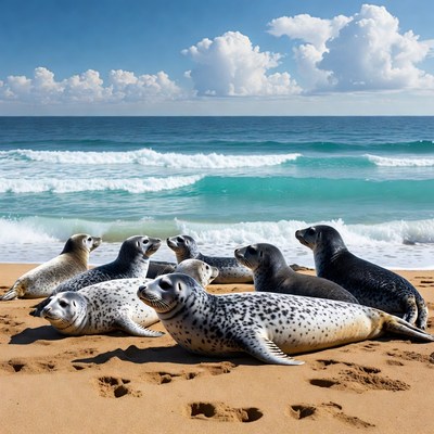 Group of seals on beach