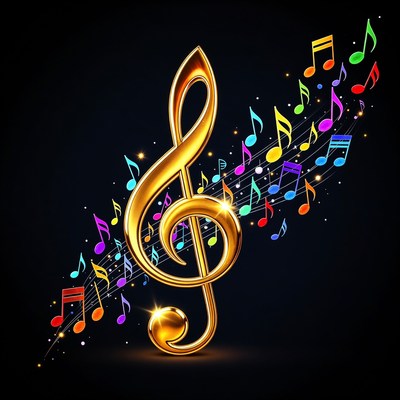 Golden Treble Clef with Colorful Notes