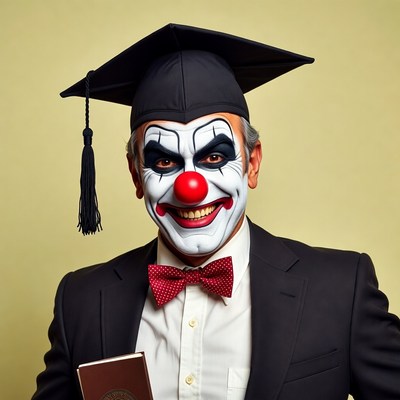 Clown in graduation cap and gown