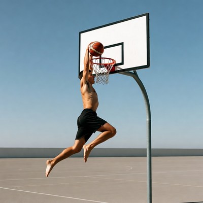 Man dunking basketball on outdoor court
