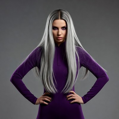 Woman with silver hair in purple bodysuit