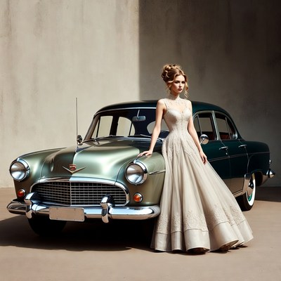 Woman in elegant gown beside vintage green car