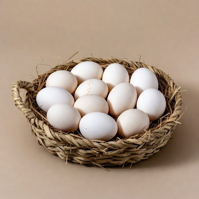 White eggs in woven basket