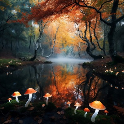 Autumn Forest with Glowing Mushrooms