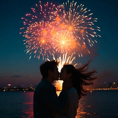 Asian couple kissing during fireworks