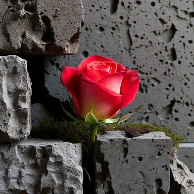 Red Rose Growing Through Concrete Wall