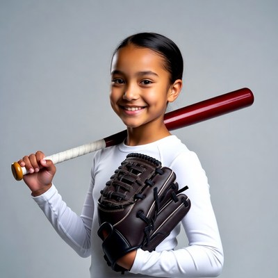 Young girl holding baseball bat and glove